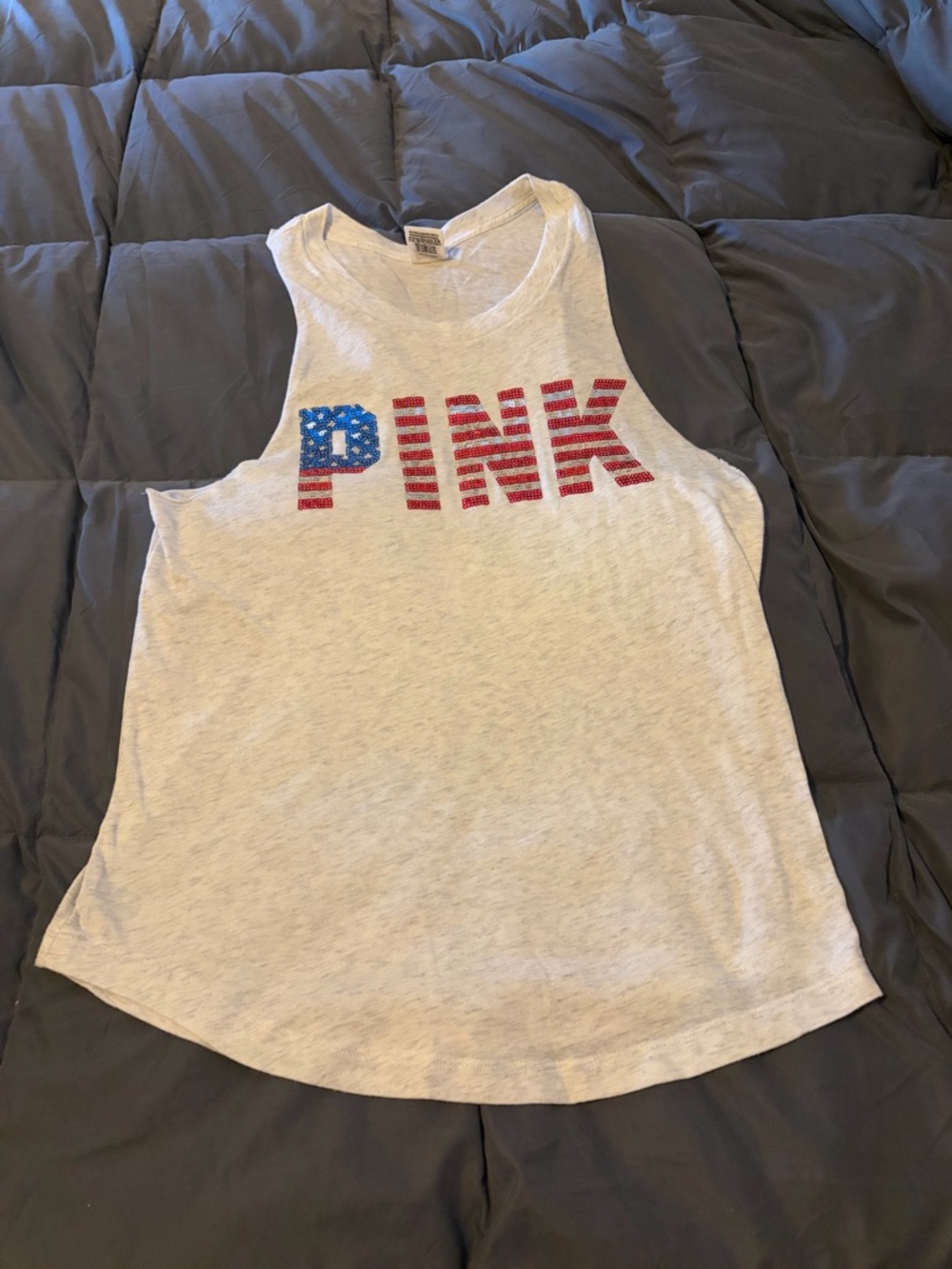 PINK Victoria's Secret White Tank Top with Red & Blue Flag Logo